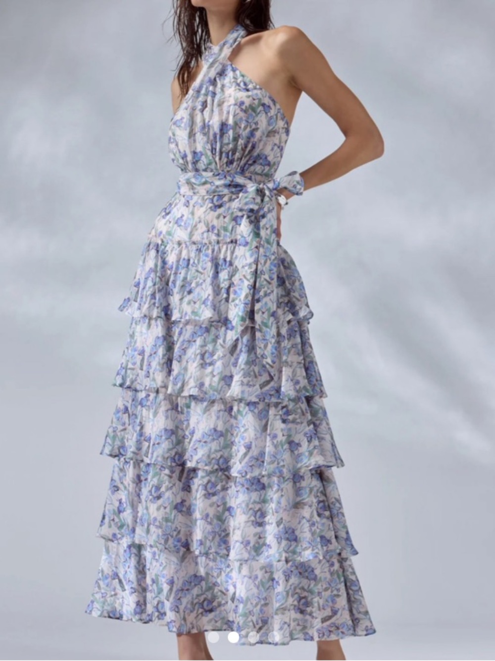 Astr the Label Adamaris One-Shoulder Floral Halter Dress in Lavender and Cream